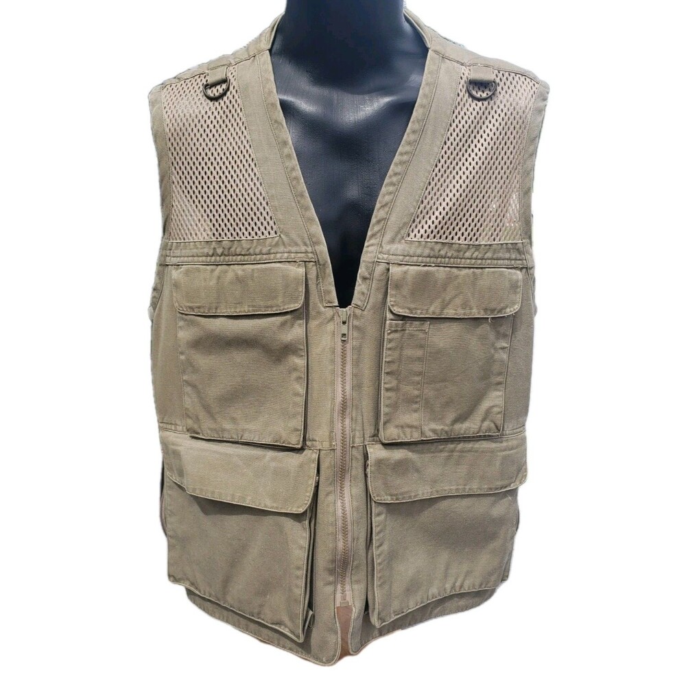 Vtg 80s Early Winters Photography Vest Mens L Tan Utility Fishing Hunting Pocket